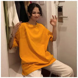 Tee Shirt 7 Solid Color Basic T-shirts Women Casual Harajuku Summer long white black Tops Korean Hipster White T