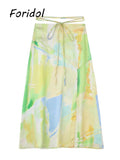 Tie-dyed Print Casual Dress Shirt Sets Women Two Pieces Boho Long Sleeve Bowknot Long Dress Suits 2023 Spring