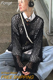 Loose Smock Tops Women Y2K Aesthetic Hollow Out Knit Pullovers Harajuku Fairycore Grunge Crochet Cover-ups Sweater
