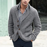 Fongt And Winter New Men's Long Sleeve Knit Cardigan Single Breasted Pocket Stranded Flower Suit Collar Casual Men's