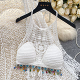 Fongt Wearing A Holiday Style Suit Female Retro Hook Hanging Neck Vest + Hollow Open Shirt + Half-Dress Three-Piece Set