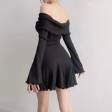 Fongt Winter New Women's Sweet Sexy Pure Desire Slim Thread One Word Shoulder Long Sleeve