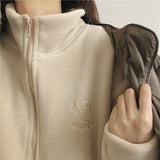 Embroidery Zip Up Fleece Jacket-Outfit