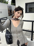 Fongt Xixi 2025 Autumn White Label New Temperament Pure Color V-Neck Wool Bottom Shirt Women 25057