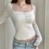 Solid Color Square Neck Lace Trim Bow Tee-Outfit
