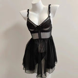 Fongt Sexy Pajamas 2025 New High-End Belt Steel Ring Perspective Bare Back Sling Splicing Pyjamas Pure Lust