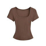 Trend Spice Girls Basic Style Large U-Neck Straight Shoulder Short-Sleeved T-Shirt Slim And Elastic Blouse-Outfit
