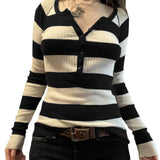 Women's 2023 New Striped V-Neck Long Sleeves Sexy Slim Bottom Sweater-Outfit