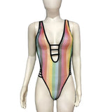 See Through One Piece Swimsuit Women Sexy Deep V Neck Hollow Out Grid High Cut Bodysuit Beachwear One Piece