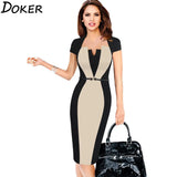 New Elegant Short Sleeve Office Work Dress Women Plus Size Patckwork Midi Pencil Dresses Ladies Slim Evening Party