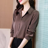 Spring Shirt Women Long Sleeve Satin Fashion Solid Ladies Tops Blouse Single-breast Button Chiffon Turn-down Collar