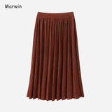 2020 New-Coming Winter Solid Pleated Knitted Skirt A-Line Mid-Calf Empire High Street Style Women Winter