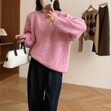 Fongt Advanced Sense Small Knit Jacket Round Collar Lazy Wind Autumn Winter Long Sleeve Soft Waxy Color Loose Set Sweater-Outfit