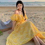 Fongt Embroidered One-Out Collar, Off-The-Shoulder Holiday Dress-Outfit