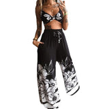 Fongt New Summer Women's Printed Sexy Breasts + Loose Broad Leg Pants Two Sets