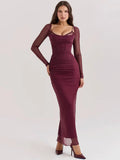 Burgundy Sheer Long Sleeve Bodycon Maxi Dress-Outfit