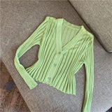 V-neck Solid Cropped Cardigan Women Korean Autumn Long Sleeve Thin Ice Silk Knitted Sweaters Air Conditioner