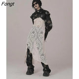 Half High Collar White Lace Dress Women Long Sleeve Vintage Asymmetrical Irregular Y2k Korean Style Gothic Vestidos