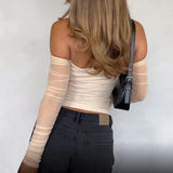 Girl Shoulder Net Pleated Solid Color Blouse Short Low-Collar Long-Sleeved T-Shirt With Exposed Navel-Outfit