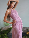 Fongt Spring And Summer New Folded Lotus Leaves Hanging Neck Bare Back A Swing Chiffon Fluttering Long Skirt LX0159