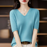 Fongt The Summer Of 2023, Women's Knit Short Sleeve Korean V-Neck Solid Color T-Shirt And A Pit Top-Outfit