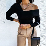 Women Off Shoulder Slim Blouse Elegant Solid Autumn Long Sleeve Lady Pullover Tops Casual Female Streetwear Shirts