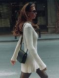 Women Elegant Solid Knitted Mini Dress Fashion Long Sleeve O Neck Ribbed Dresses 2023 Autumn Winter Female Streetwear Robes-Outfit