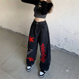 Vintage Stars Print Ripped Straight Wide Leg Jeans-Outfit