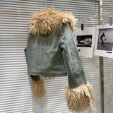 Denim Faux Fur Plush Sleeve Collar Jacket-Outfit