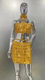 High Quality Fashion Hanging Neck Sexy Casual Diamond Embossed Top + Elegant Full Diamond-Mounted Half-Dress
