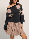 Fongt New Casual Long-Sleeved Sweater Flower Threaded Women's Knitting Top