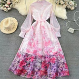 Fongt French Retro Collar Long Sleeves Chopped Flower And Chiffon Dress Women's Spring And Autumn New Lace-Up Long Dress