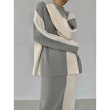 new knitted women thickened turtleneck color-blocked sweater skirt y2k Korean style lazy slim two-piece suit-Outfit