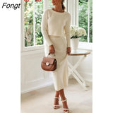 Autumn and Winter Fashion Round Neck Long Sleeve Sweater Dress Knitted Split Skirt Womens Two Peice Sets Fall Outfits