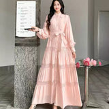Fongt Gentle Style Dress Spring Dress Design Hollow Lace Splicing Bubble Sleeve Dress Holiday Dress