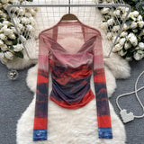 Fongt Girls Tie-Dye Mesh Jersey Long-Sleeved T-Shirt Girl Thin Perspective Temperament Fashion Folding Top