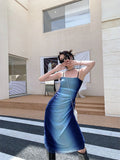 Gradient Blue Patchwork Strap Dress Spring New Ruched Backless A-line Vestidos Sexy Hot Slim Fit Long Robe Mesh Y2k-Outfit