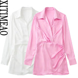 Women Fashion Srping Pleated Soft Touch Wrap Mini Dress Vintage Long Sleeve Side Buttons Female Dresses Vestidos