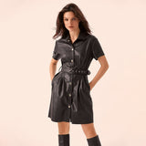 Vintage Sashes Front Button A-line Dress Short Sleeve Turn Down Collar Solid Elegant Casual Dress 2020 Early Spring