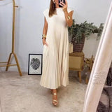 Fongt New Women's Elegant Fashion Round Collar Sleeveless Pleated Winter Dress