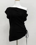 Fongt Chic Summer French Small Sexy Diagonal Collar Open Shoulder Side Draw Rope Tie Versatile Irregular Knit Woman-Outfit