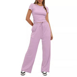 Fongt Suit Folding 2025 New Solid Short-Sleeved Top High-Rise Broad Leg Pants Sportswear