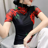 S-3XL Fixed Printing Mesh T Shirts Women Turtleneck Slim Short Sleeve Tees Lady Elegant Stretchy Floral Sheath Top T-Shirt-Outfit