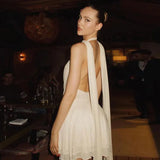 White Halter Deep V Neck Backless Mini Dress-Outfit