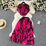 Blooming Printed Skirt Suit Women's New Thread Temperament Half-high Collar Top + Pleated Skirt Two-piece Set-Outfit