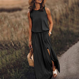 Fongt 2025 Summer Women's Fashion Trend Retro Round-Neck Sleeveless Forked Solid Color Two-Piece