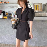 SkirtSet Women 2023 Summer New Style Bubble Short Sleeve Loose Temperament Suit Skirt Set Blazer and Skirt Set Skirt