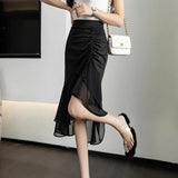 Fashion Ruffles Chiffon Voile Splicing Mermaid Skirt 2023 Elegant Office Lady Asymmetrical All-match Shirring Midi Skirts-Outfit