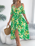 And Summer Out-To-Shoulder Cross V-Neck Flower Sling Dress Holiday Dress Women's