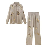 New Lapel Single-Breasted Long-Sleeved Shirt Straight Casual Trousers Sequins Embroidered Suit-Outfit